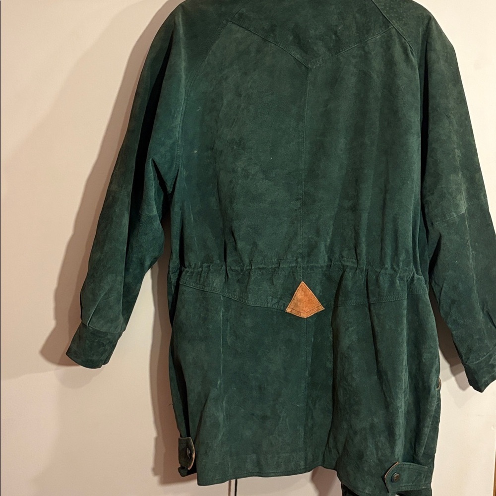 Vintage 1990s Dark Green Suede Jacket with Tan Accents Winter Fashion Coat 2X - Picture 4 of 17